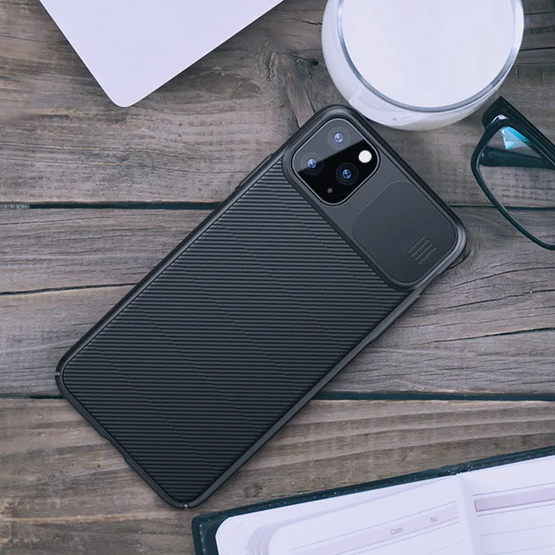 Solid colour PC phone case with lens protector for iPhone 11 Pro, black finish on rear view