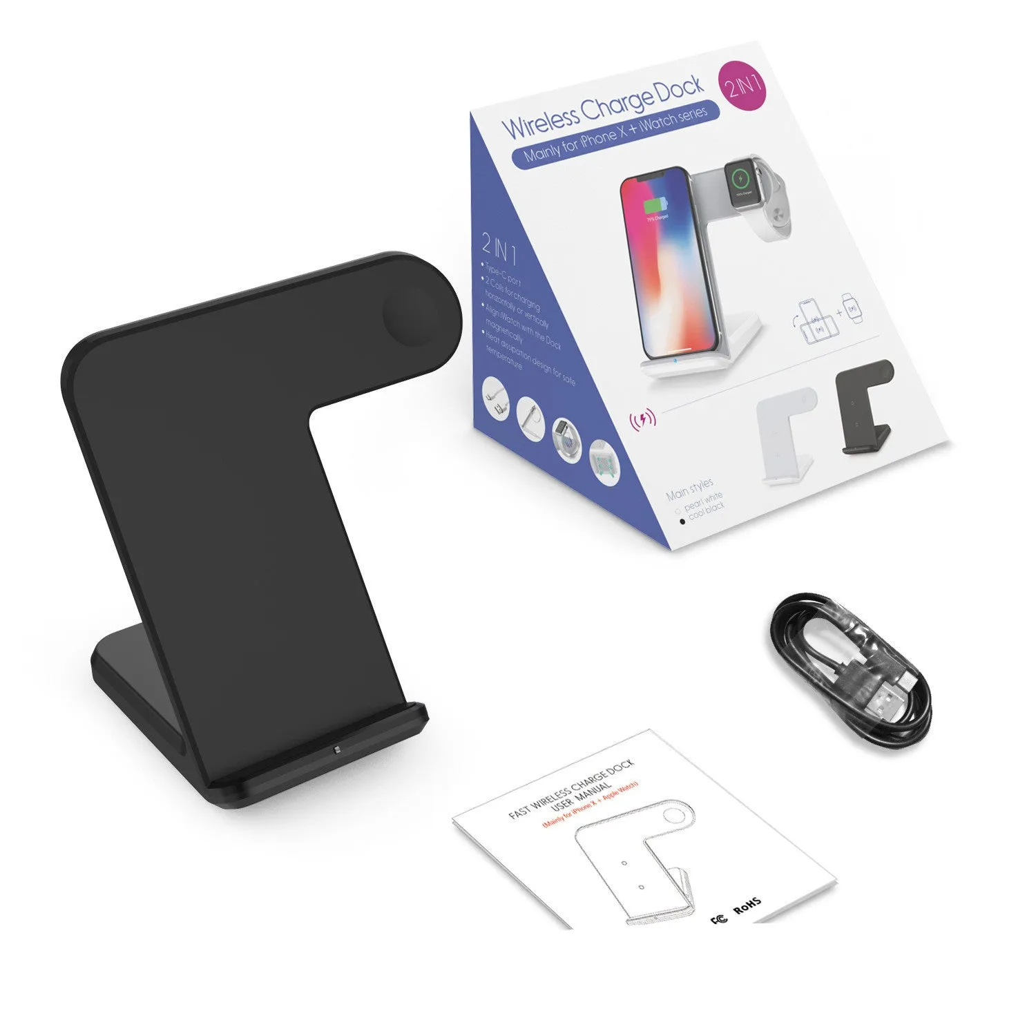Black and white foldable wireless phone charger stand with Type-C cable