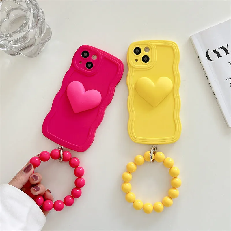 Silicone wavy edge phone case with love ball chain in Rose Red for iPhone 14 Pro Max