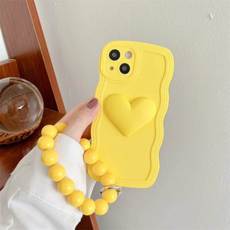 Silicone wavy edge phone case with love ball chain in Rose Red for iPhone 14 Pro Max