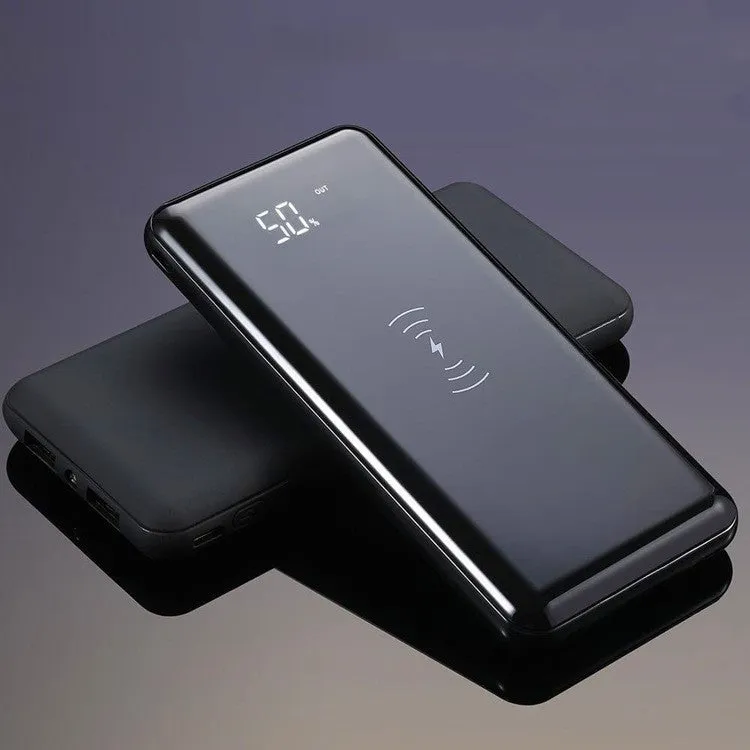 Multifunctional mirror wireless charger with lithium battery in mirror finish on desktop