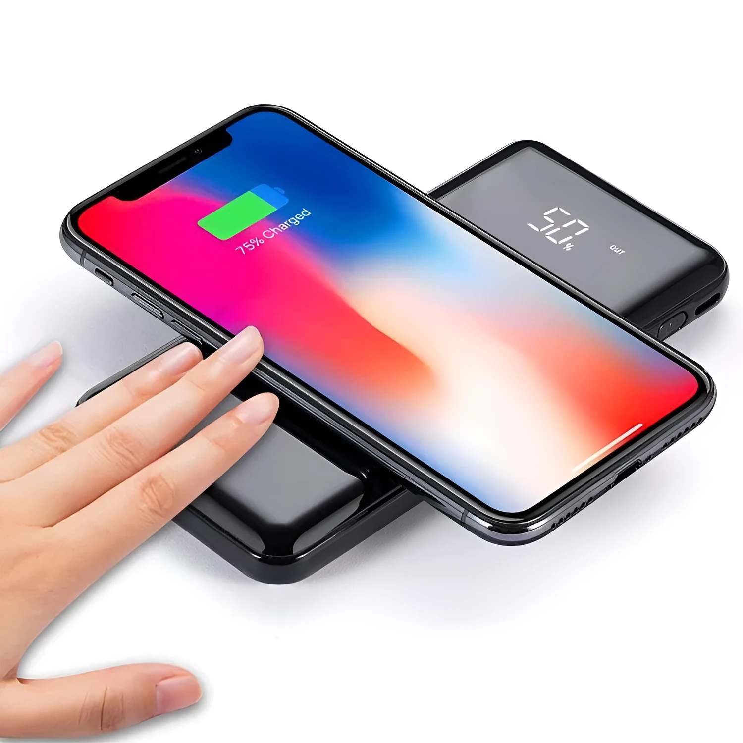 Multifunctional mirror wireless charger with lithium battery in mirror finish on desktop