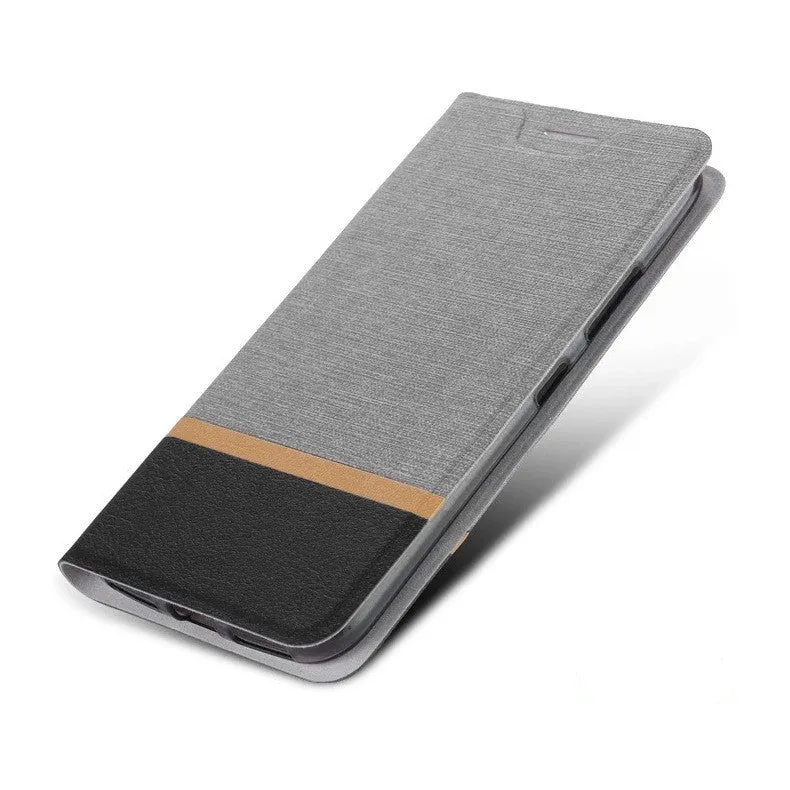 Glory 8A color contrast case with PU denim leather pattern and TPU clear back in black grey blue
