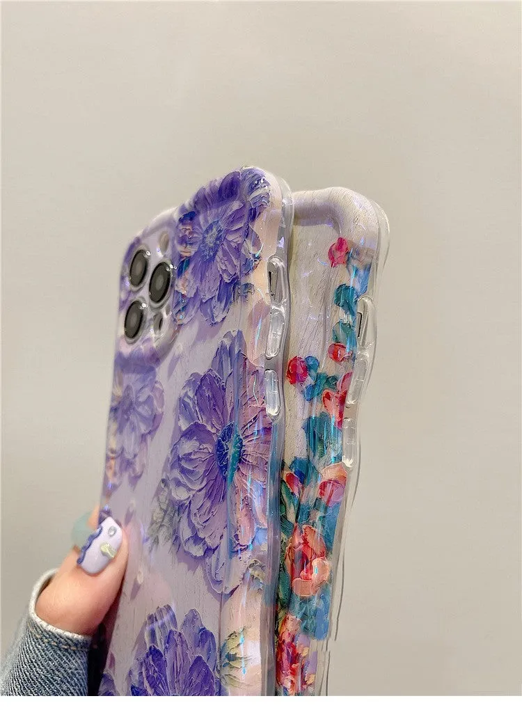 Advanced art oil painting flower phone case with twisted edge design, green background, blue light, for iPhone