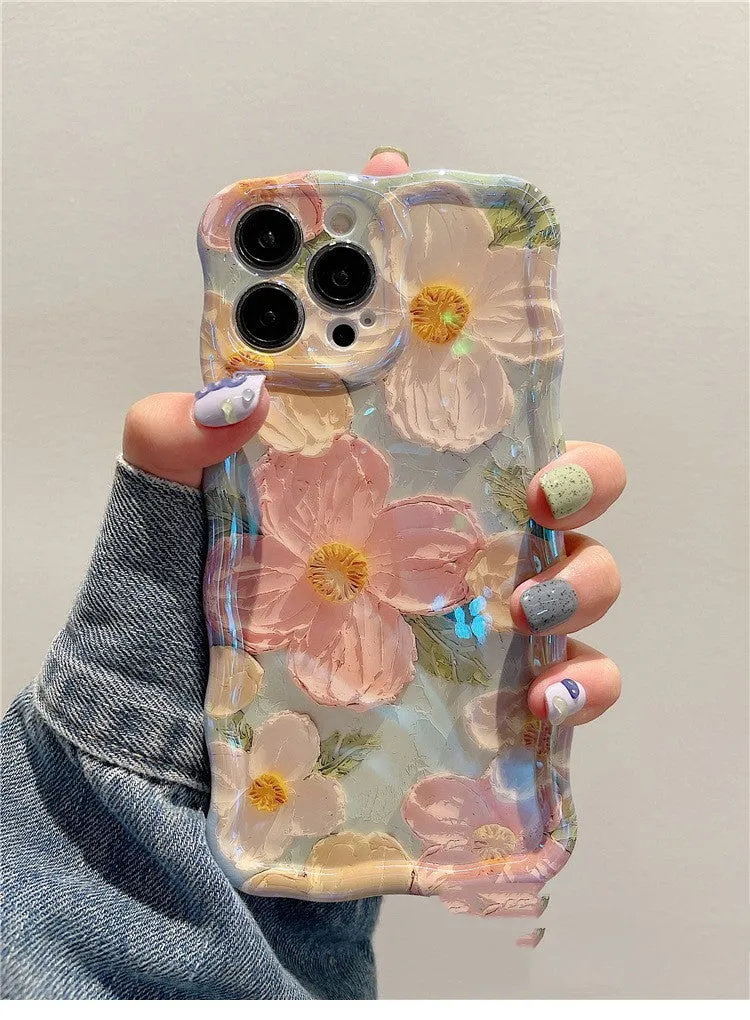 Advanced art oil painting flower phone case with twisted edge design, green background, blue light, for iPhone