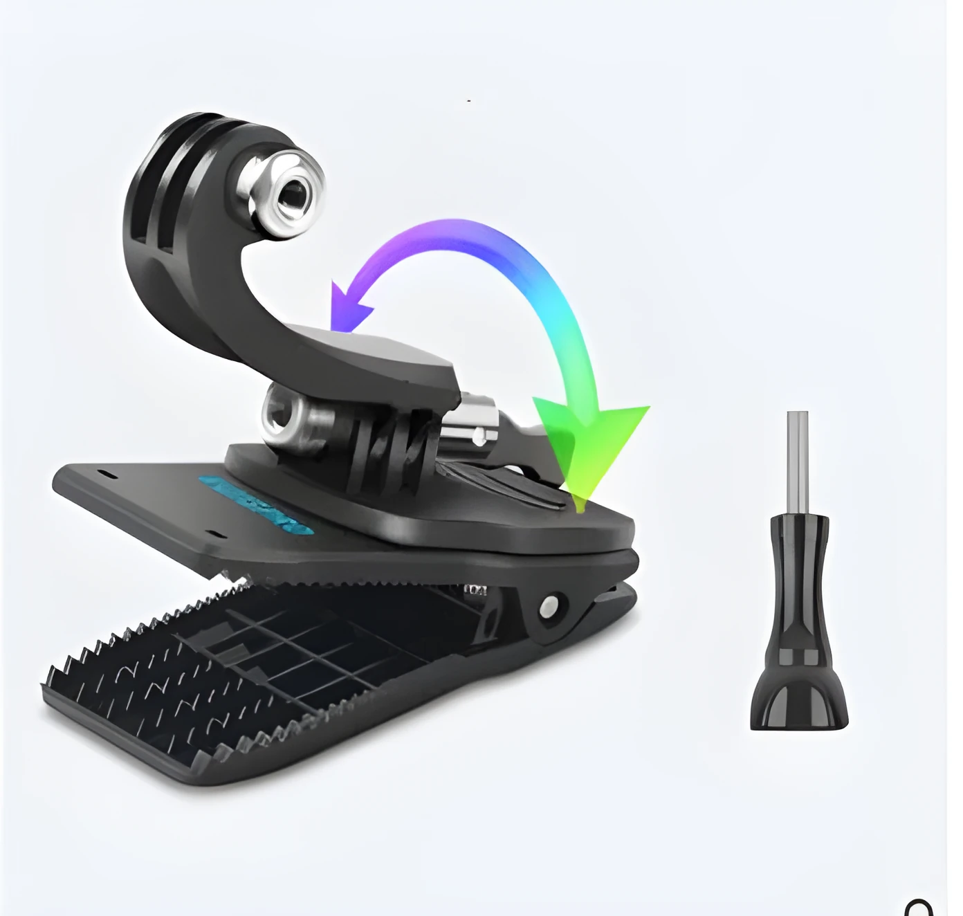 Black 360-degree rotating backpack clip for GoPro and action cameras with ABS and aluminium alloy construction