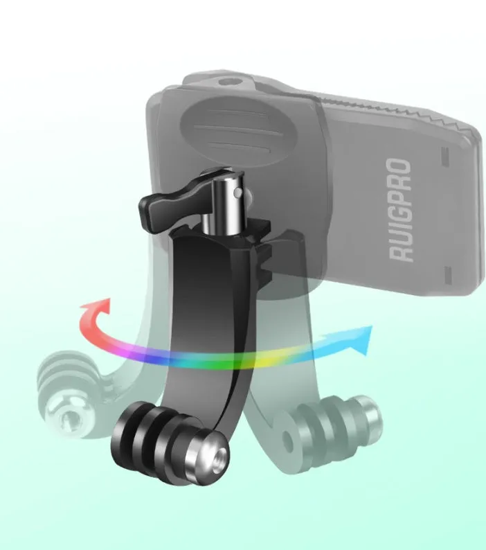 Black 360-degree rotating backpack clip for GoPro and action cameras with ABS and aluminium alloy construction