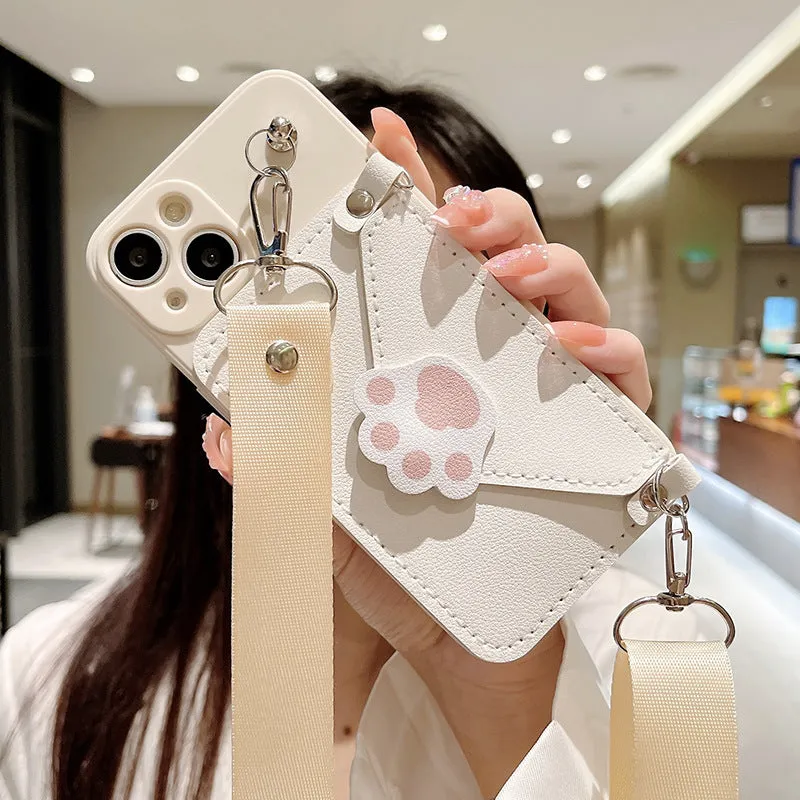 Cat's Paw TPU drop-proof crossbody phone case for iPhone, black colour, minimalist design