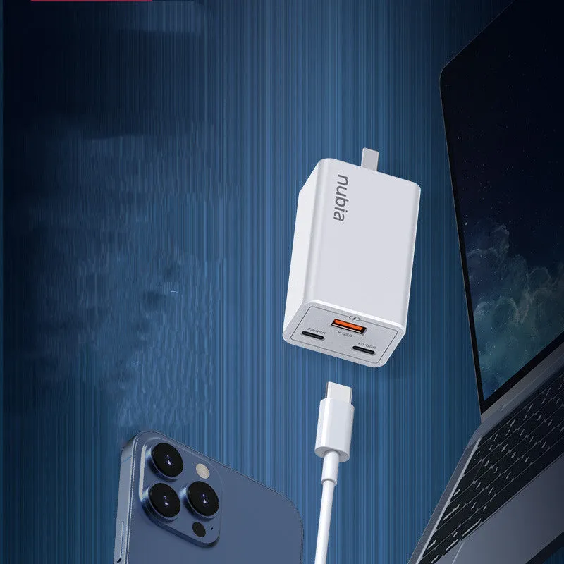 65W gallium nitride multi-port charger in grey with two USB-C and one USB-A ports