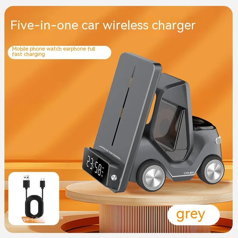 Foldable grey wireless charging stand holding a phone, an Apple Watch, and AirPods case.