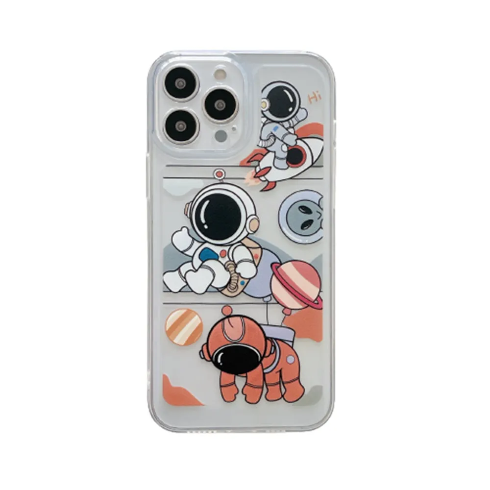 Transparent silicone phone case for iPhone 13 with cartoon astronaut and balloon graffiti design