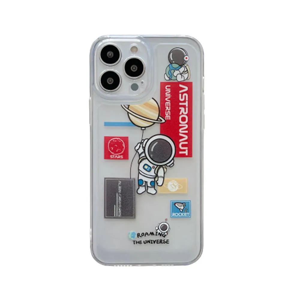 Transparent silicone phone case for iPhone 13 with cartoon astronaut and balloon graffiti design