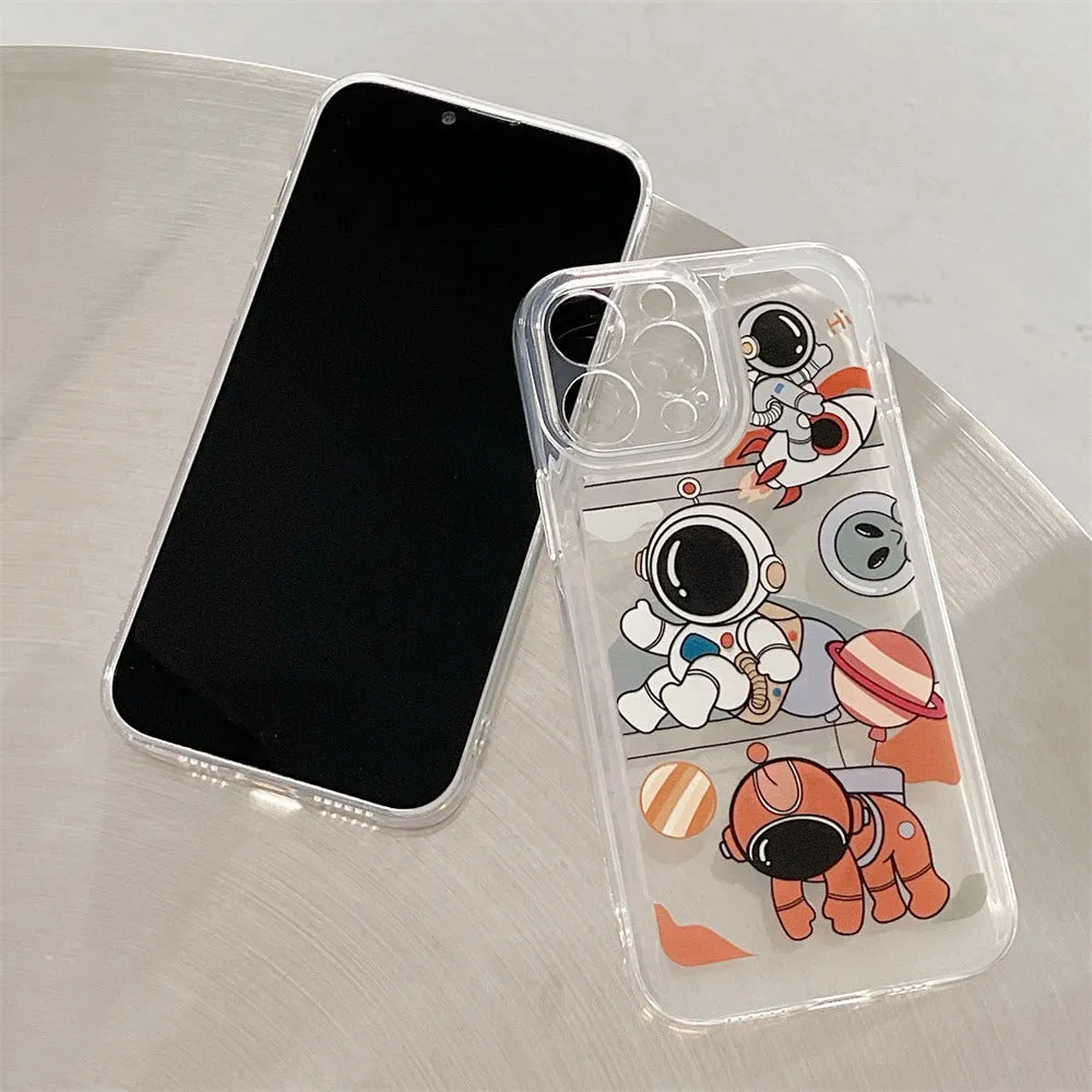 Transparent silicone phone case for iPhone 13 with cartoon astronaut and balloon graffiti design