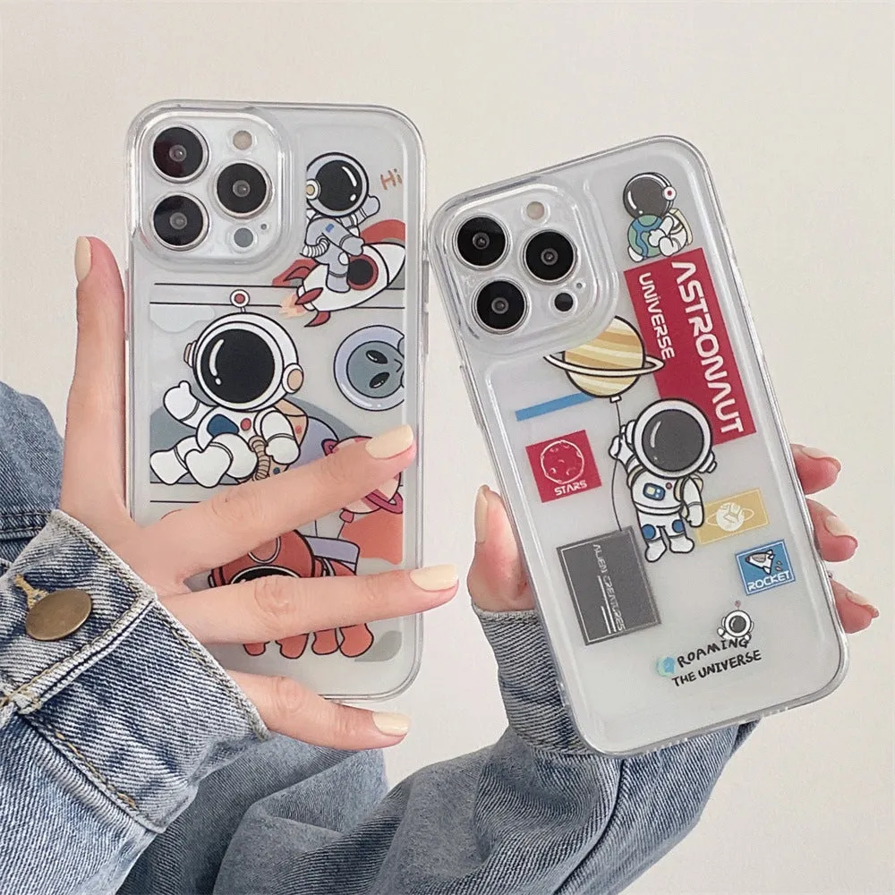 Transparent silicone phone case for iPhone 13 with cartoon astronaut and balloon graffiti design