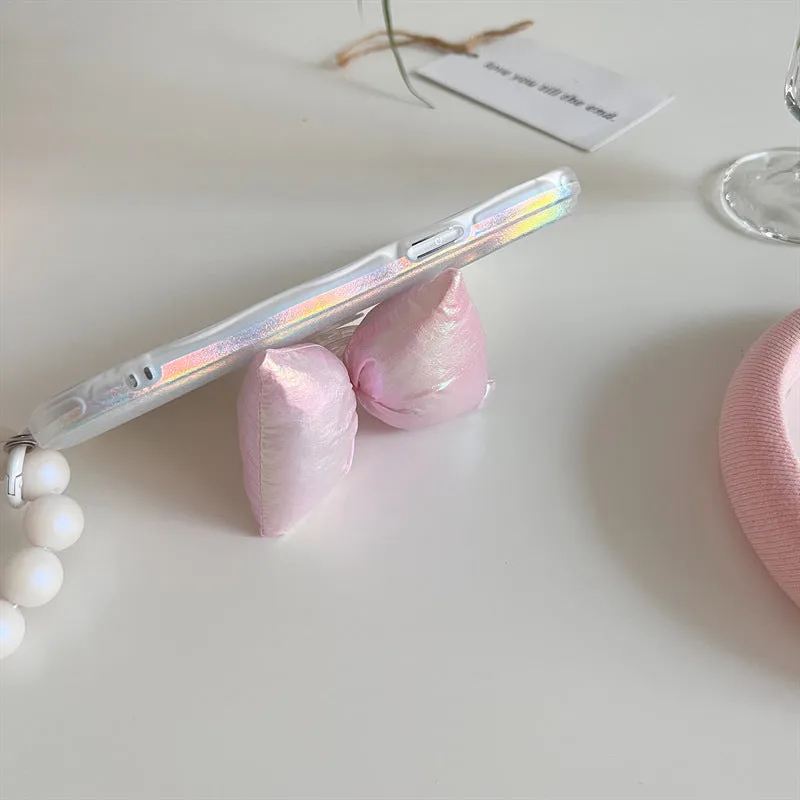 Soft silicone iPhone case with laser sparkle powder and bowknot design in pink