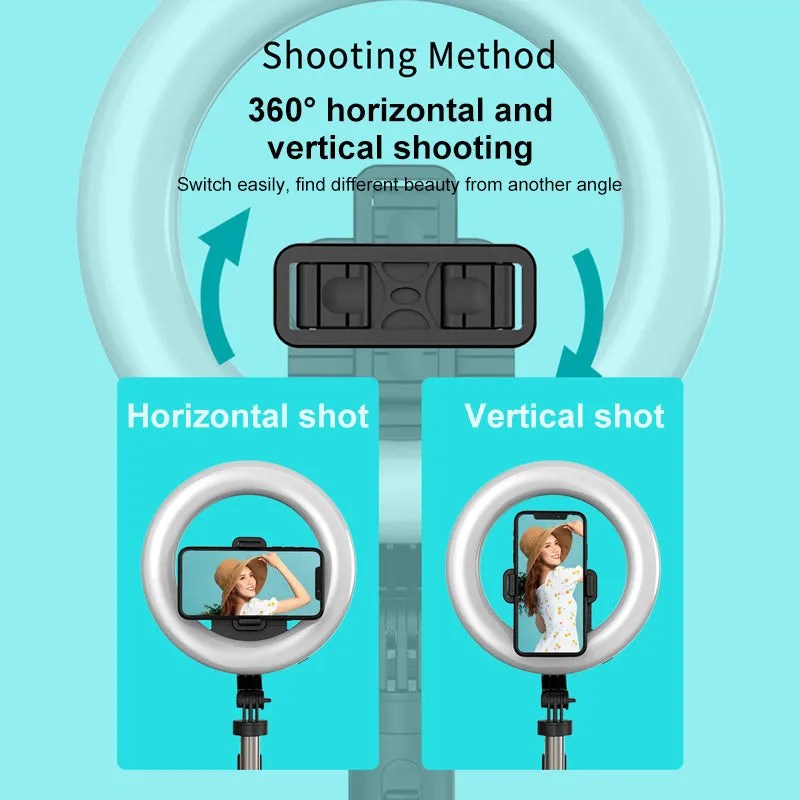 8-inch black LED ring light on tripod for mobile phone photography and live streaming