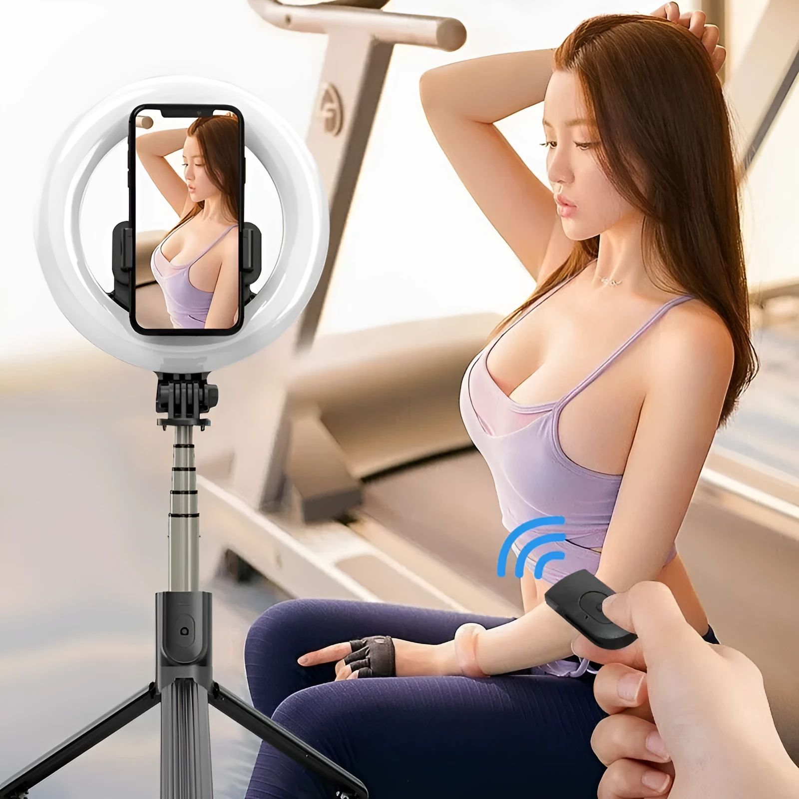8-inch black LED ring light on tripod for mobile phone photography and live streaming