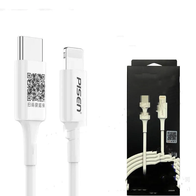 White PD fast charger cable single line Type-C PVC cord for Apple devices, available in multiple lengths
