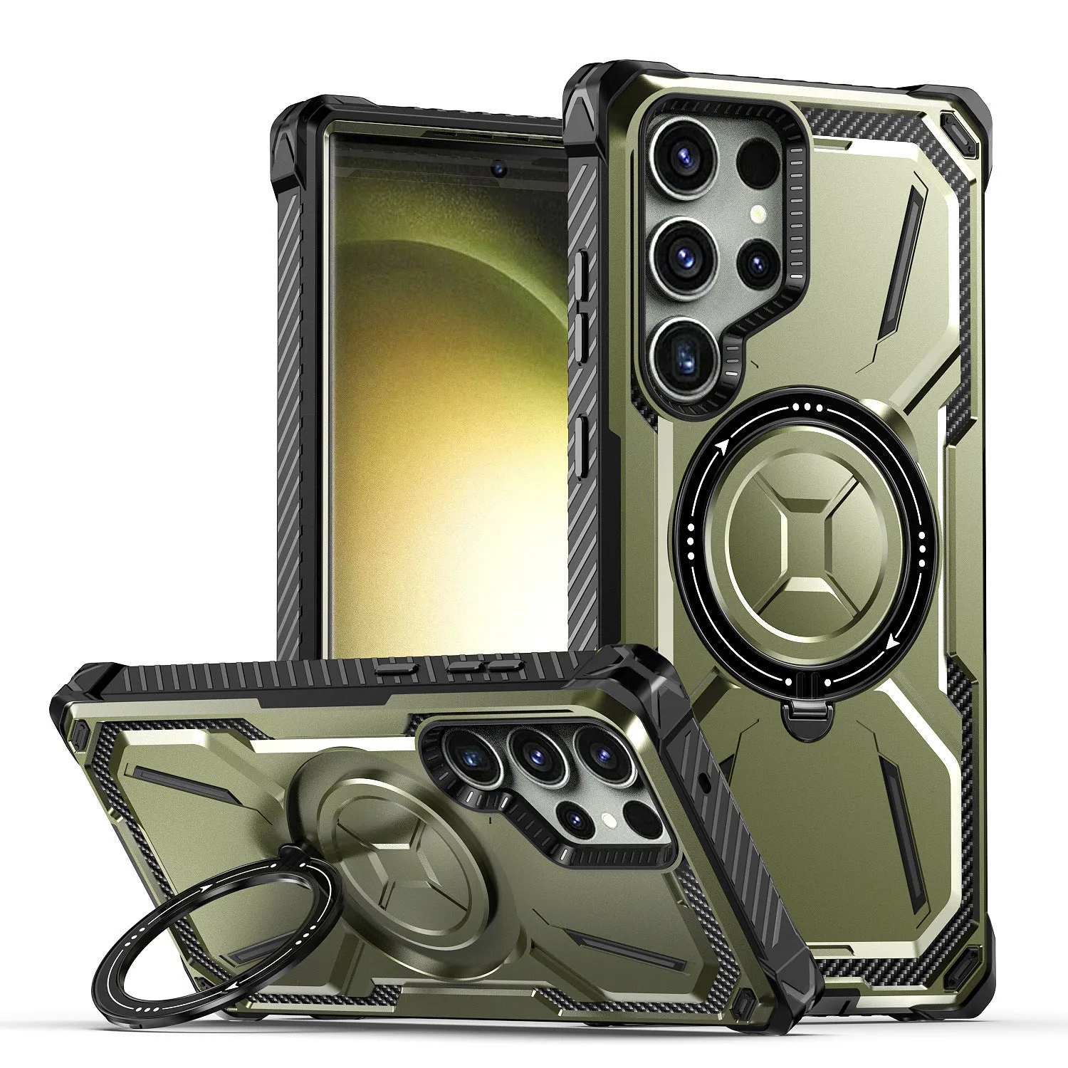 Magnetic phone case ring drop-resistant protective cover with bracket in black for Apple Samsung