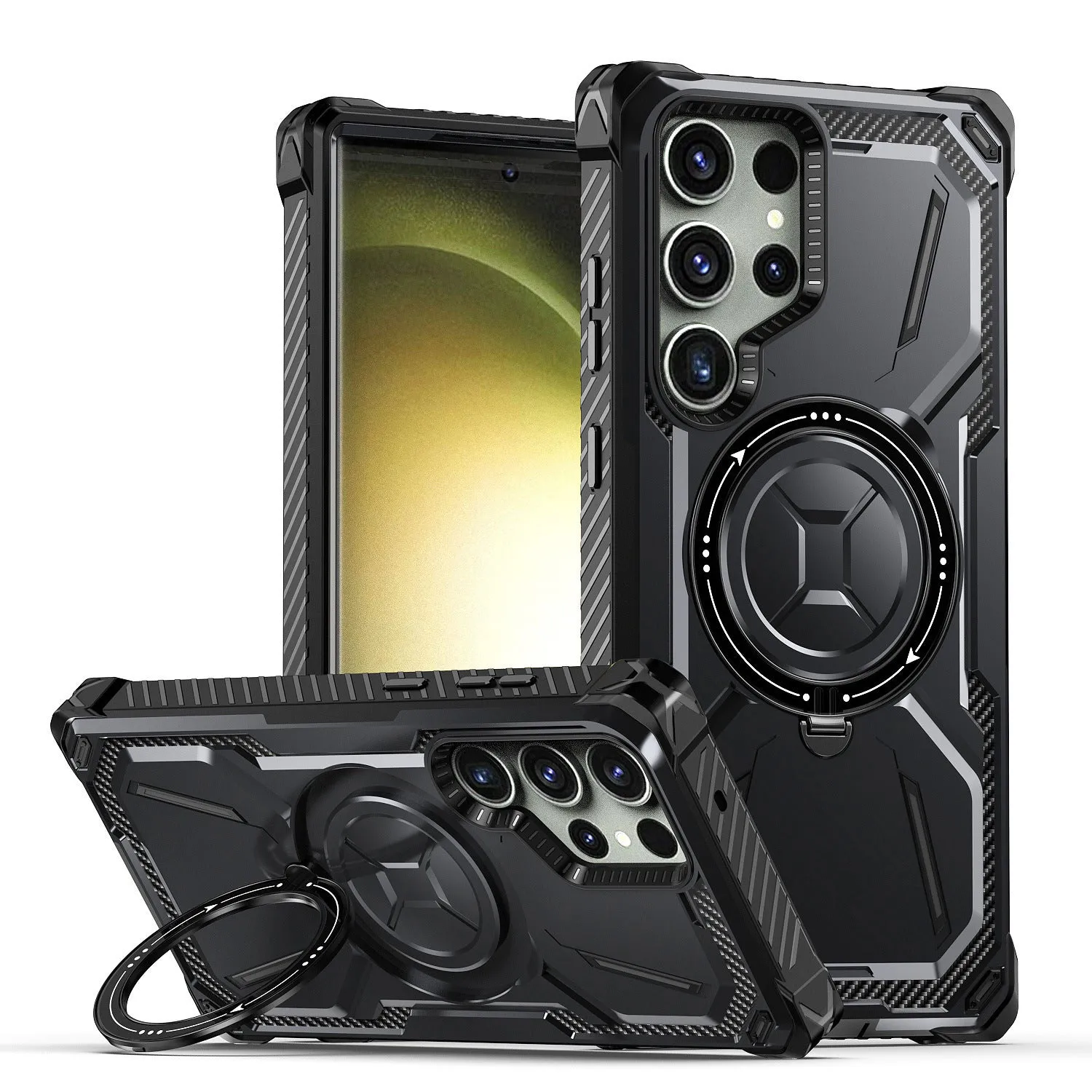 Magnetic phone case ring drop-resistant protective cover with bracket in black for Apple Samsung
