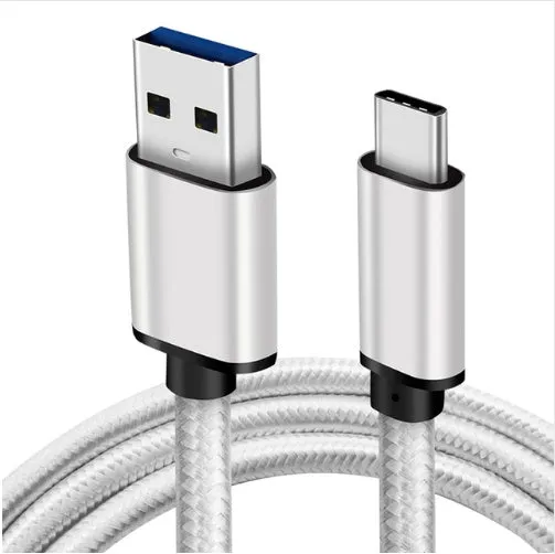 Metal USB Type-C to USB 3.0 charging cable in silver, grey, or gold colour.