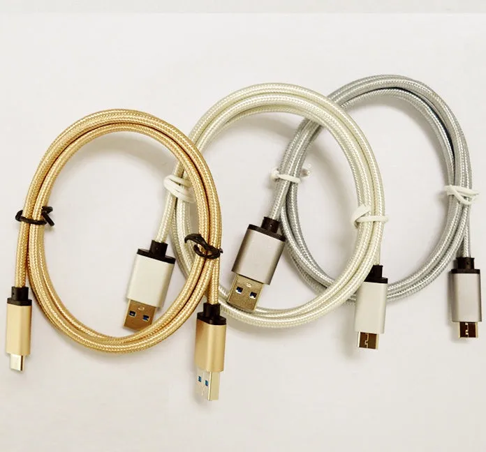 Metal USB Type-C to USB 3.0 charging cable in silver, grey, or gold colour.
