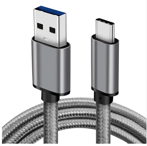 Metal USB Type-C to USB 3.0 charging cable in silver, grey, or gold colour.