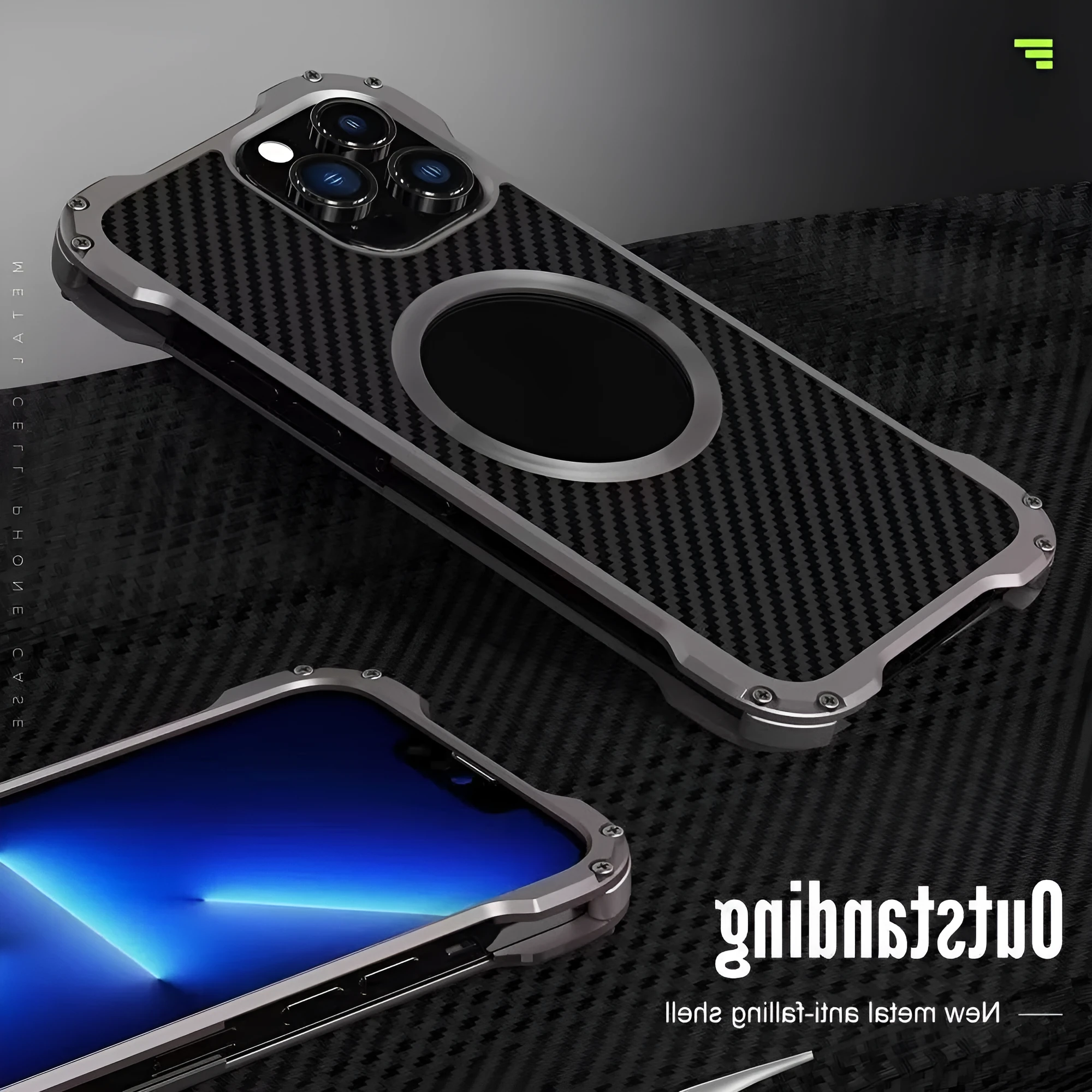 Metal phone case with breathable hollow back in bright silver for iPhone 15 Pro Max