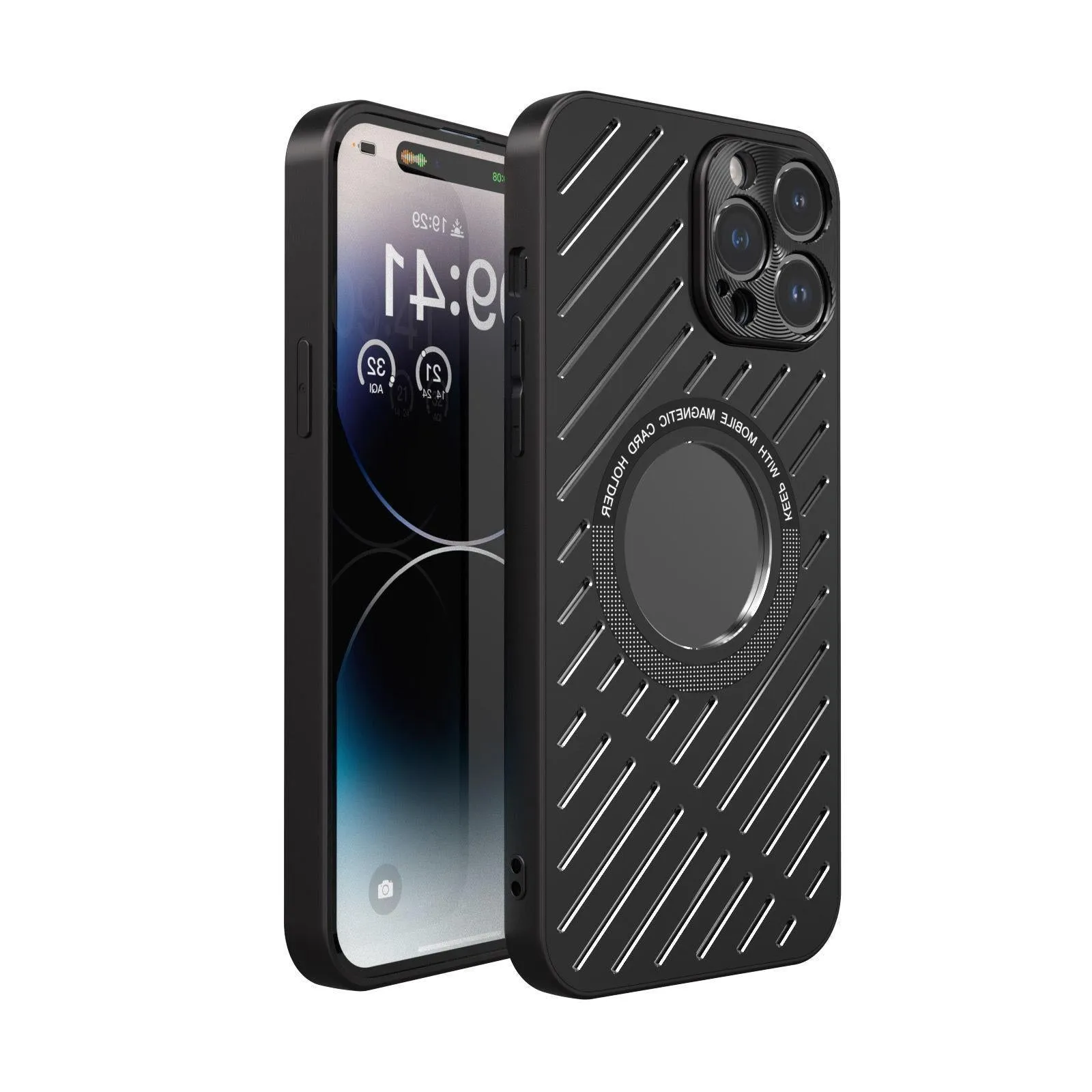 Metal phone case with breathable hollow back in bright silver for iPhone 15 Pro Max