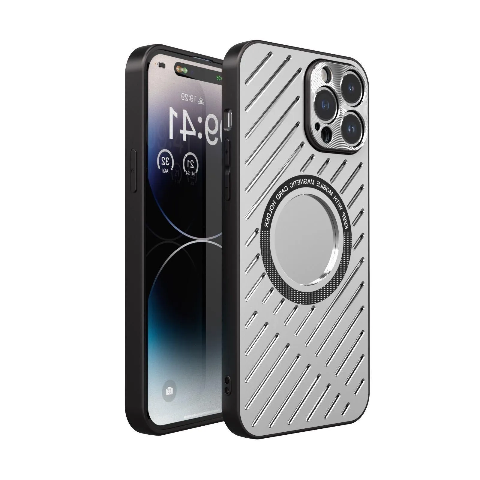 Metal phone case with breathable hollow back in bright silver for iPhone 15 Pro Max