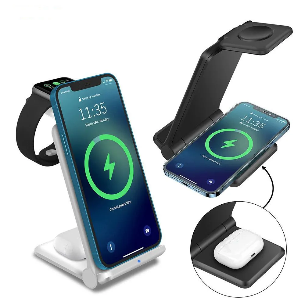 White 3-in-1 foldable wireless charging station charging an iPhone, Apple Watch, and AirPods on a desk.