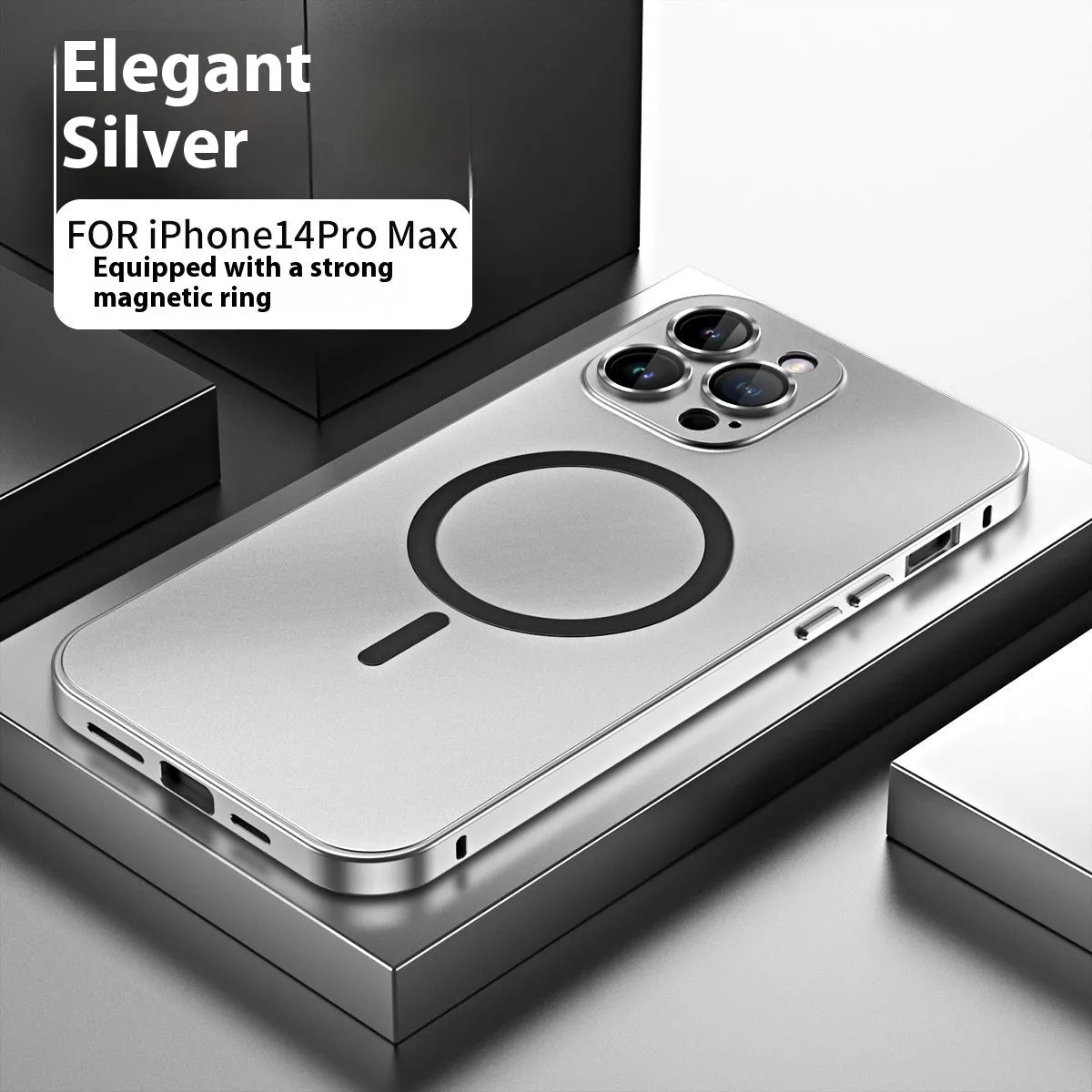 Metal aluminum alloy magnetic phone case for iPhone 17 with frosted finish and built-in bracket, blue colour