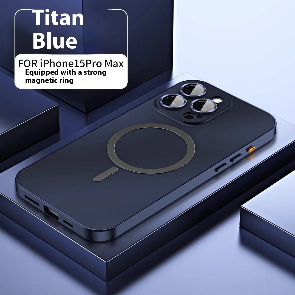 Metal aluminum alloy magnetic phone case for iPhone 17 with frosted finish and built-in bracket, blue colour