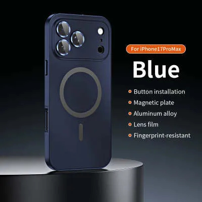 Metal aluminum alloy magnetic phone case for iPhone 17 with frosted finish and built-in bracket, blue colour