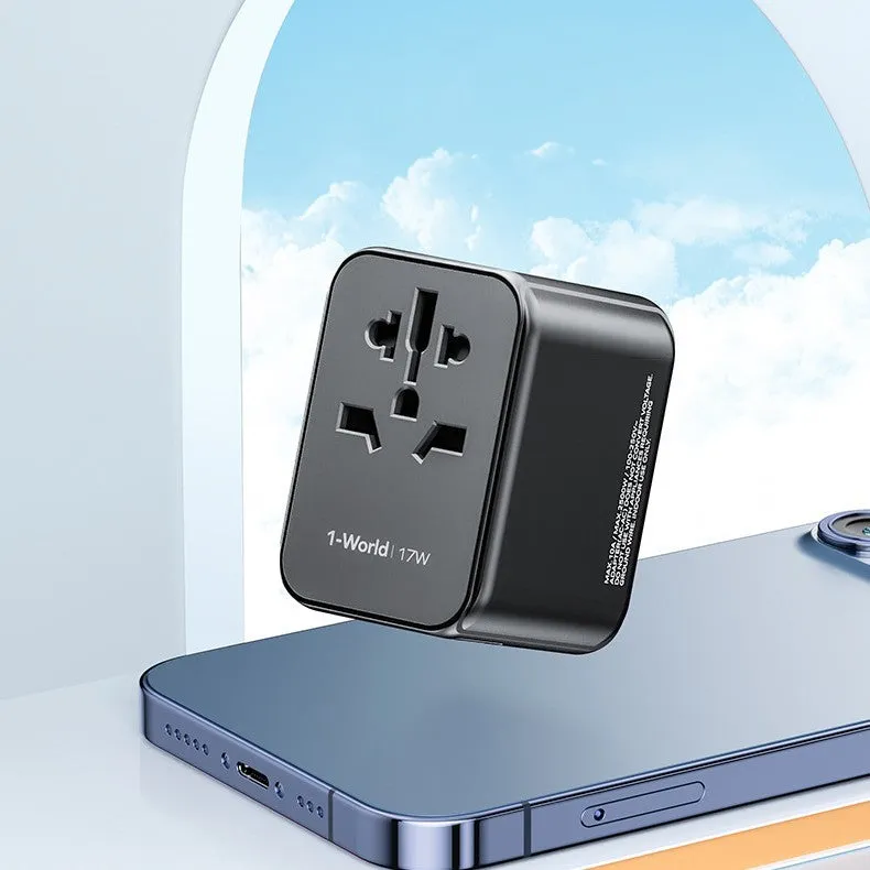 Universal travel adapter UA12 with 4 outlets and USB ports, black, 70x64x48mm