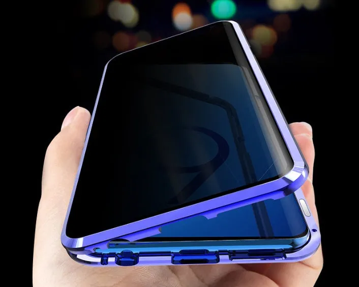 Samsung smartphone in a black clamshell magnetic case with anti-peeping screen, shown open and closed.