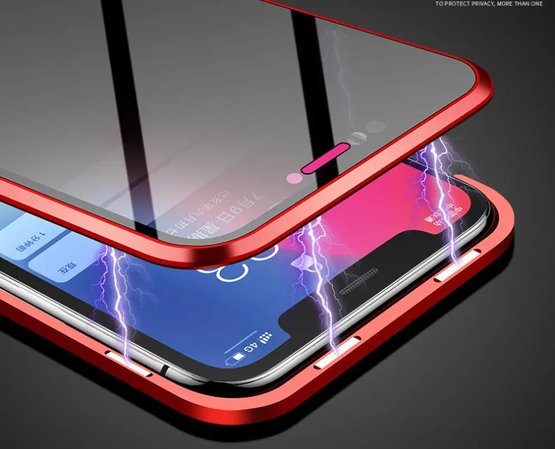 Samsung smartphone in a black clamshell magnetic case with anti-peeping screen, shown open and closed.