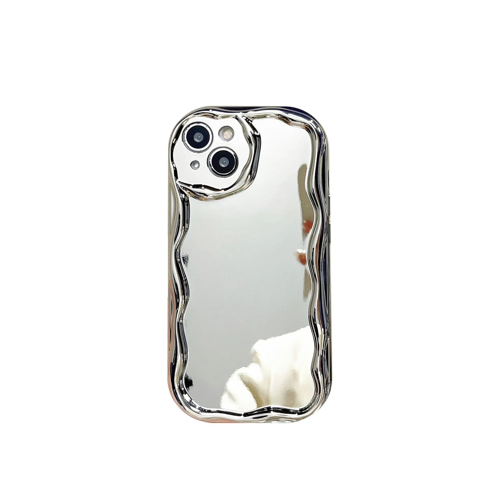 Silver electroplated cream grain silicone phone case with bracelet on a white background