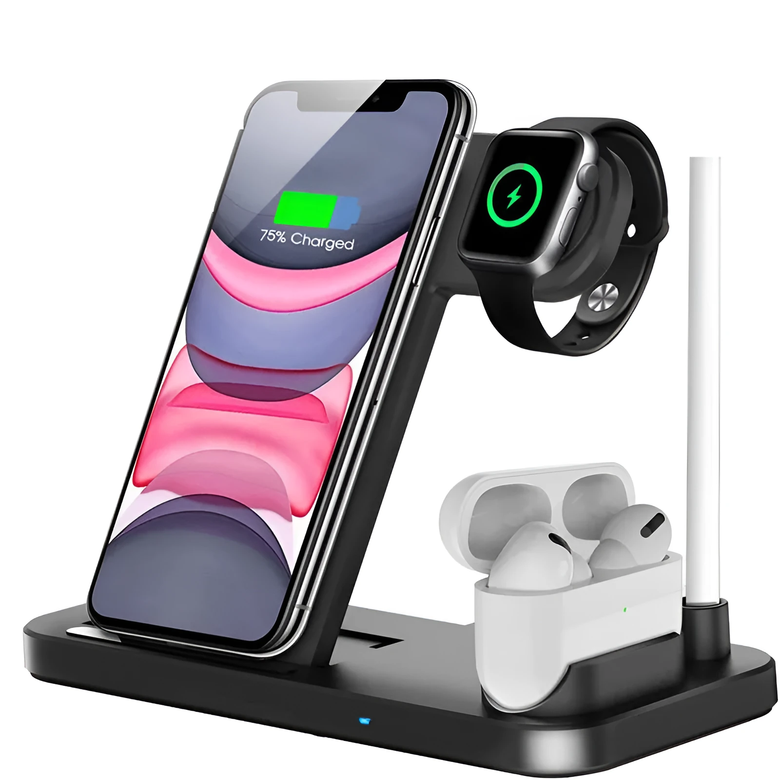 Foldable 4-in-1 wireless charging station in black, showing vertical phone stand and multiple charging pads for devices.