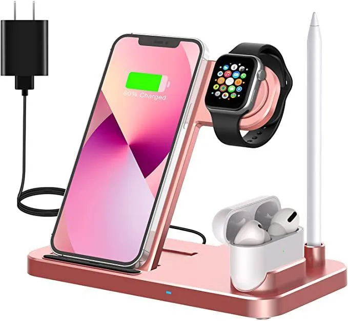 Foldable 4-in-1 wireless charging station in black, showing vertical phone stand and multiple charging pads for devices.