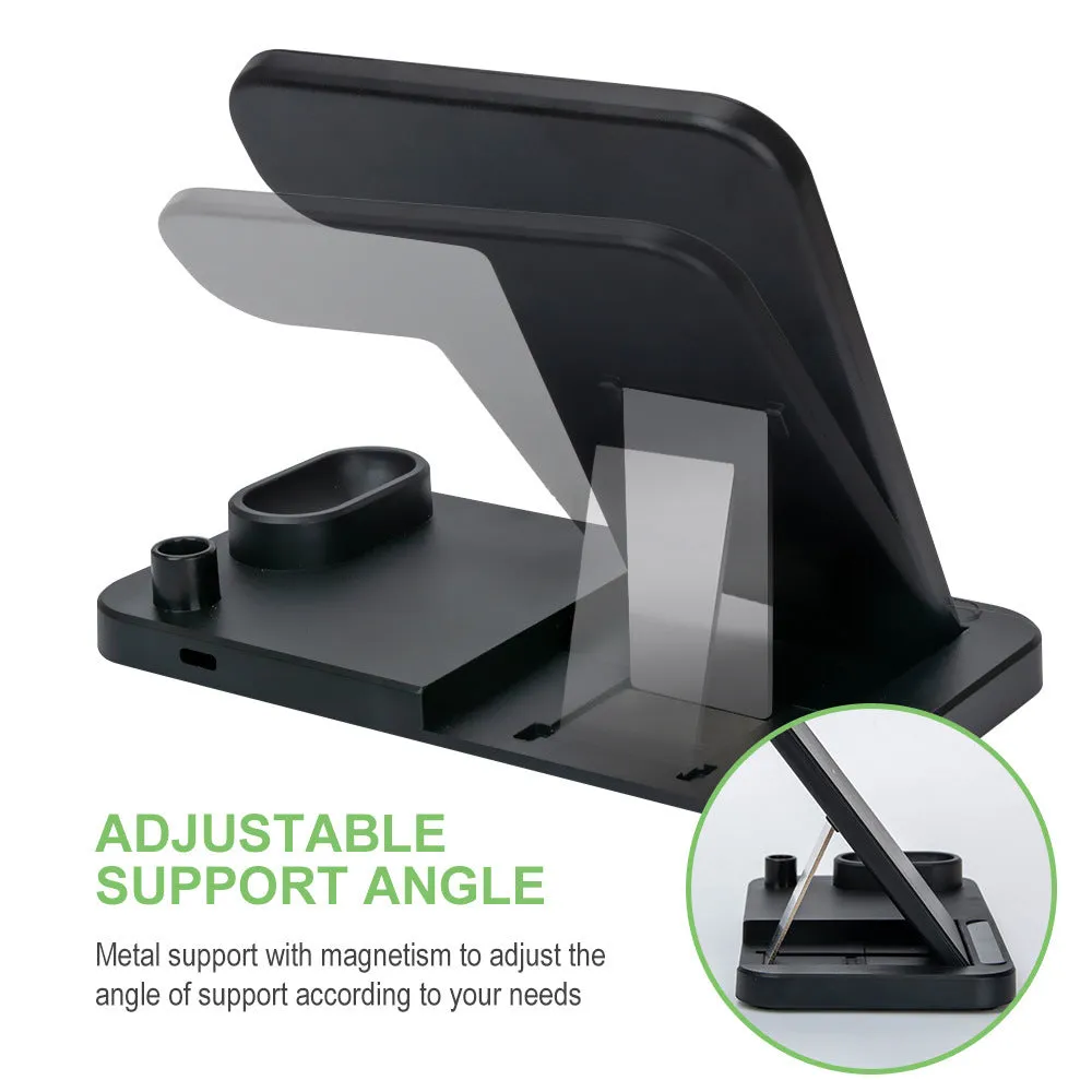 Foldable 4-in-1 wireless charging station in black, showing vertical phone stand and multiple charging pads for devices.