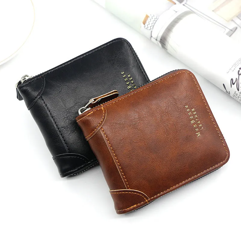 Men's short PU leather zipper coin purse in black with compact design