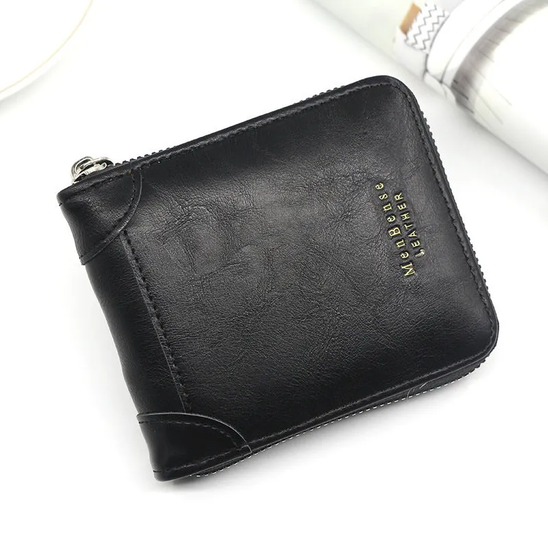 Men's short PU leather zipper coin purse in black with compact design