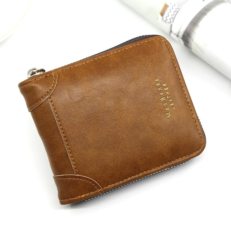 Men's short PU leather zipper coin purse in black with compact design