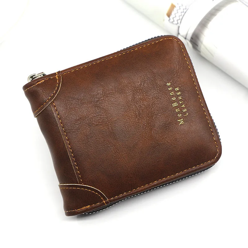 Men's short PU leather zipper coin purse in black with compact design