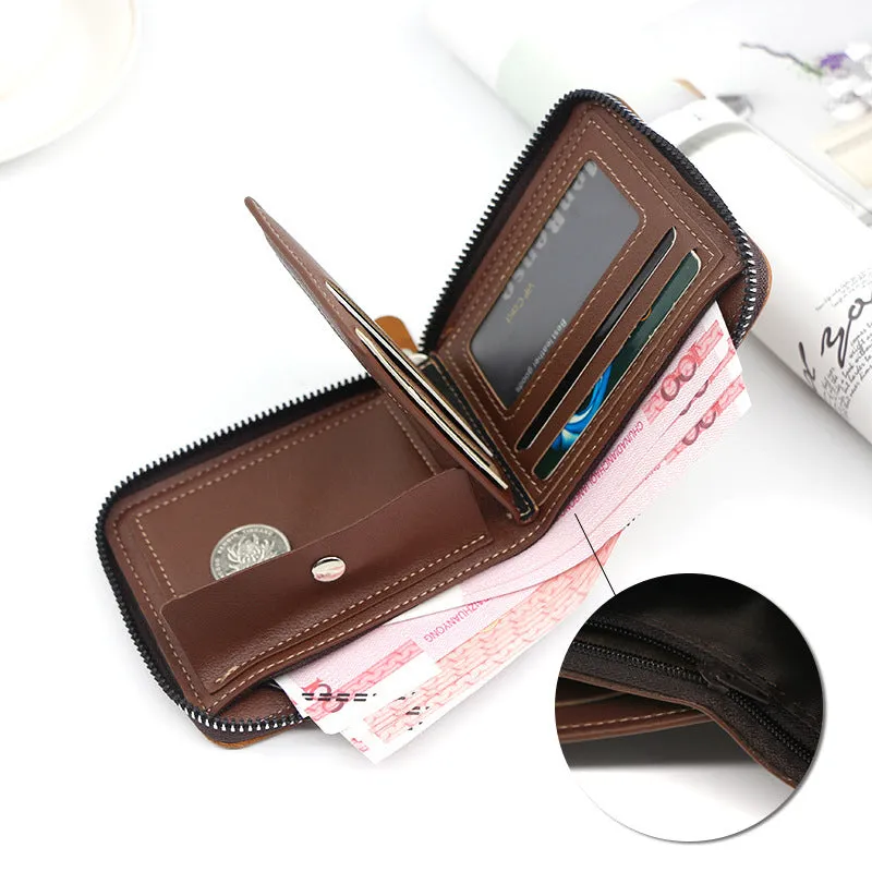 Men's short PU leather zipper coin purse in black with compact design