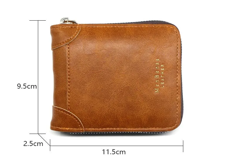Men's short PU leather zipper coin purse in black with compact design