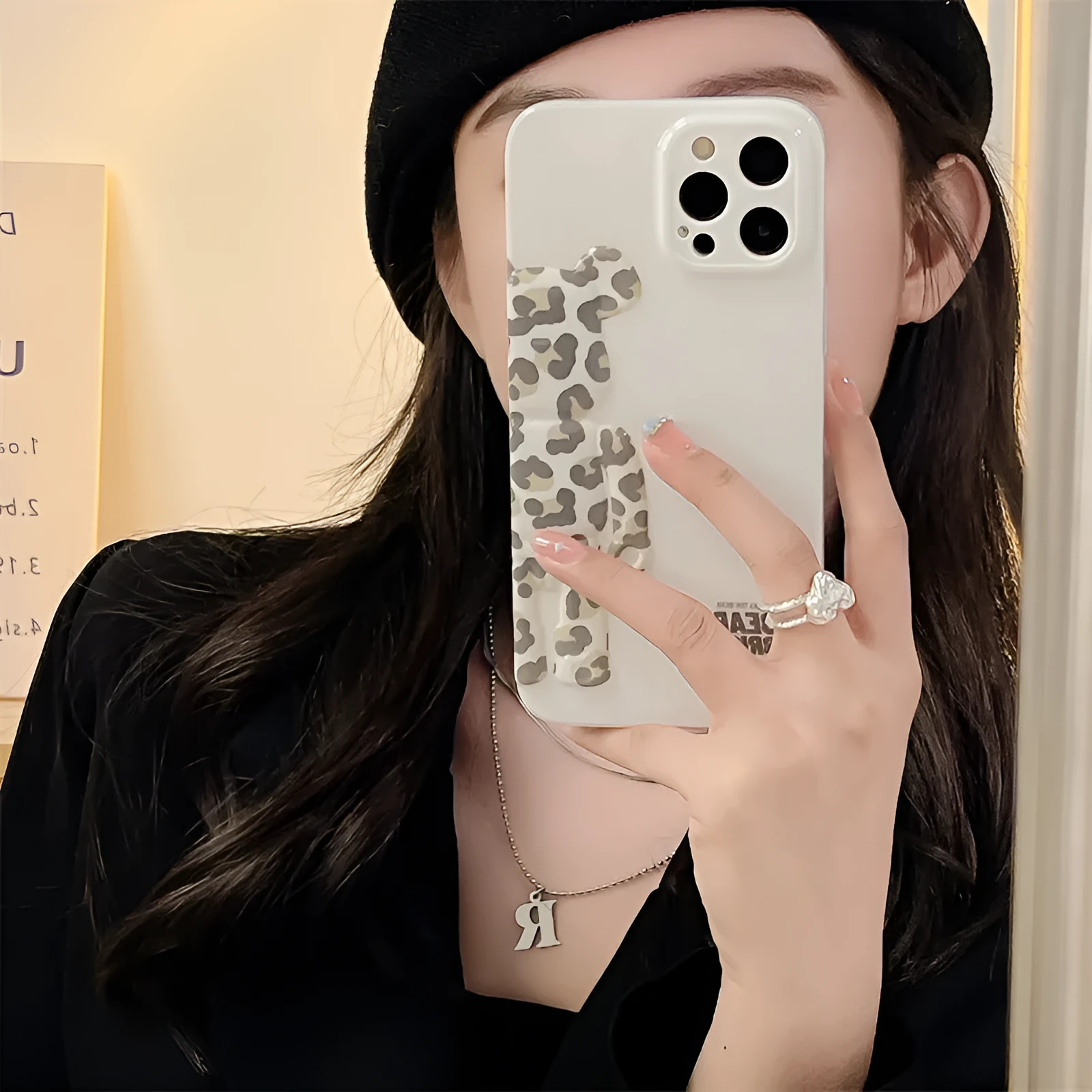 White leopard print plastic phone case back cover with IMD moulding for iPhone 13