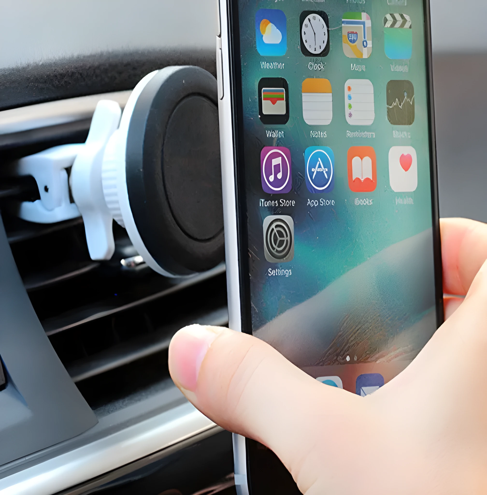 Cross border patented vehicle mounted magnetic handset holder in black, blue, and grey colours for car phone use.