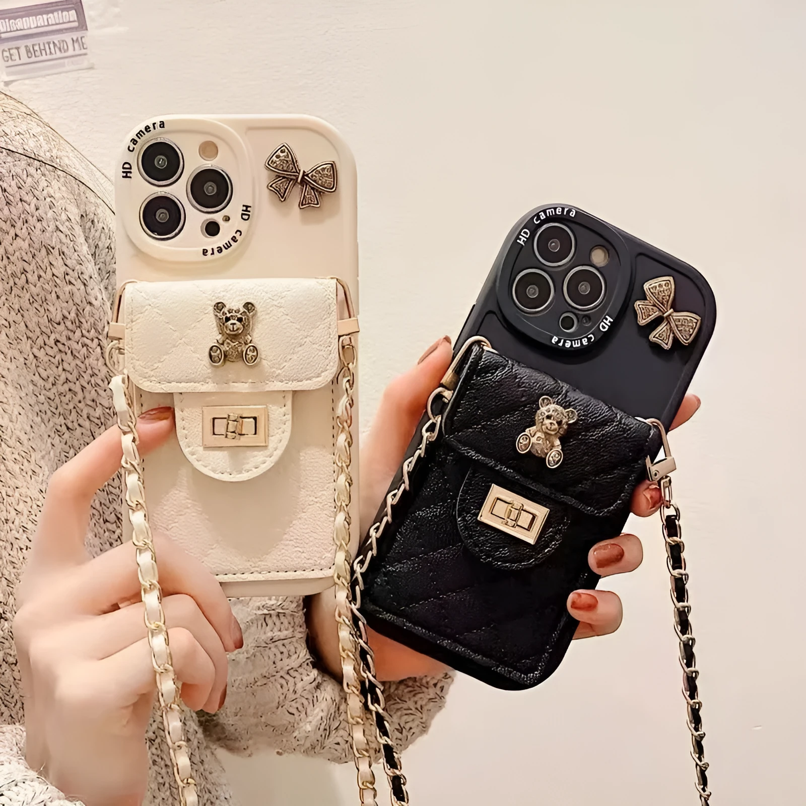 Metal bow bear rhombus silicone phone case for Apple iPhone with card holder and black lanyard